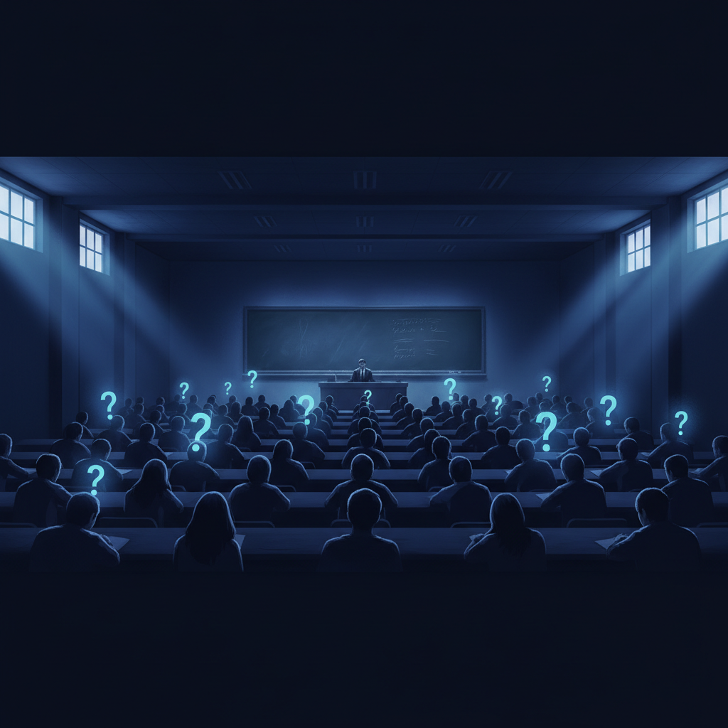 Students lost in a large lecture hall
