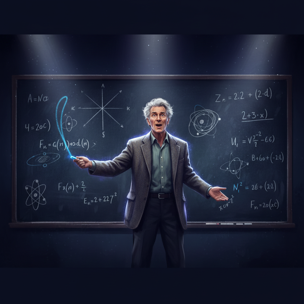 A physics professor teaching at a chalkboard